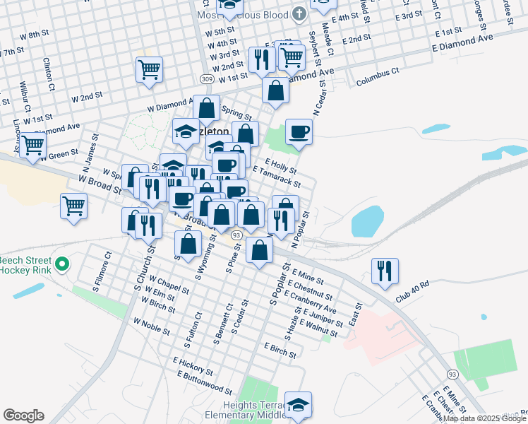 map of restaurants, bars, coffee shops, grocery stores, and more near 124 East Maple Street in Hazleton