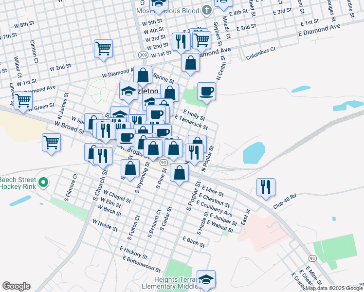 map of restaurants, bars, coffee shops, grocery stores, and more near 122 East Maple Street in Hazleton