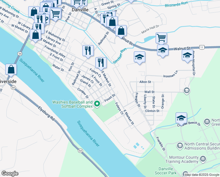 map of restaurants, bars, coffee shops, grocery stores, and more near 946 East Market Street in Danville