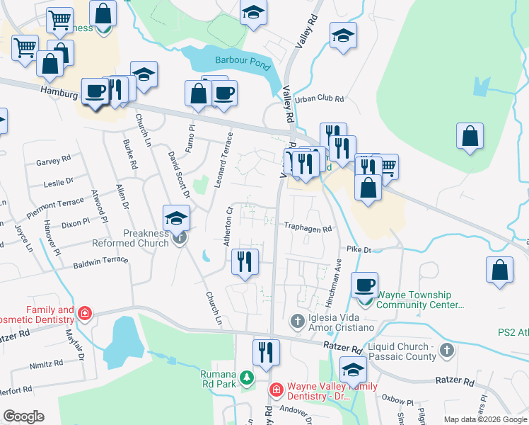 map of restaurants, bars, coffee shops, grocery stores, and more near 15B Atherton Court in Wayne
