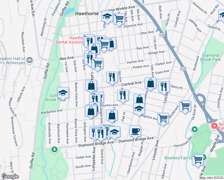 map of restaurants, bars, coffee shops, grocery stores, and more near 162 Forest Avenue in Hawthorne
