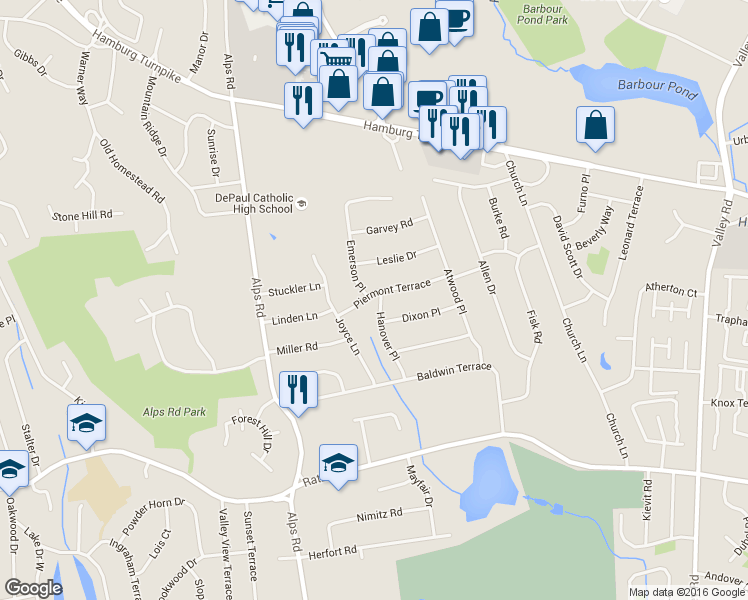 map of restaurants, bars, coffee shops, grocery stores, and more near 37 Hanover Place in Wayne