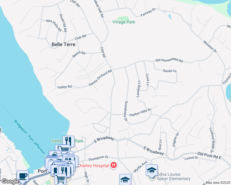 map of restaurants, bars, coffee shops, grocery stores, and more near 39 Cliff Road in Port Jefferson
