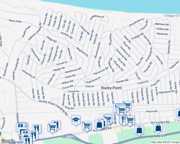 map of restaurants, bars, coffee shops, grocery stores, and more near 6 Rosewood Road in Rocky Point