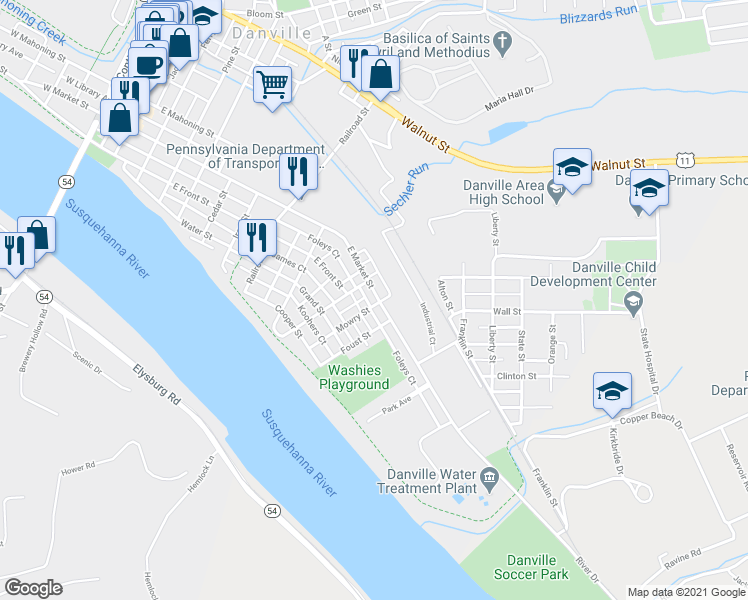 map of restaurants, bars, coffee shops, grocery stores, and more near 946 East Market Street in Danville
