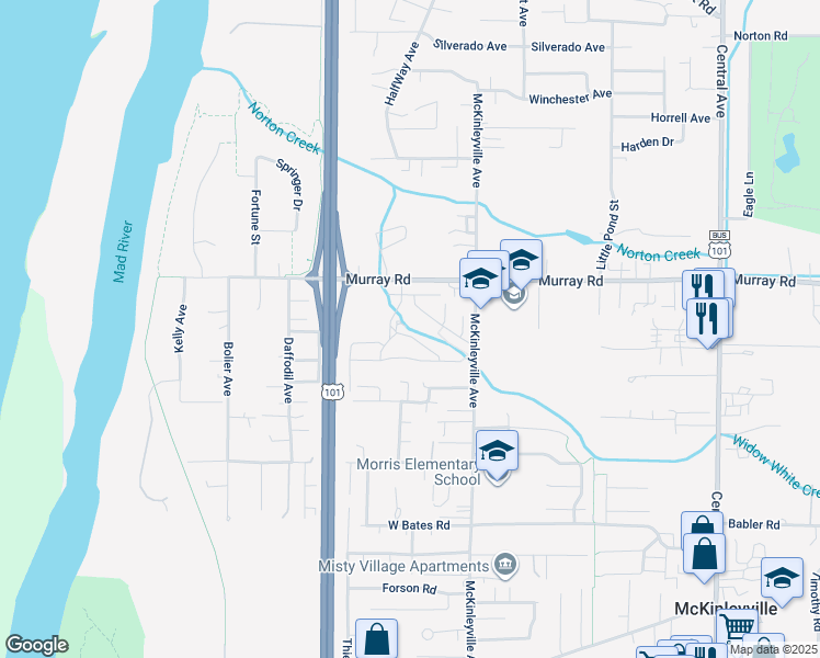 map of restaurants, bars, coffee shops, grocery stores, and more near 1010 Murray Road in McKinleyville