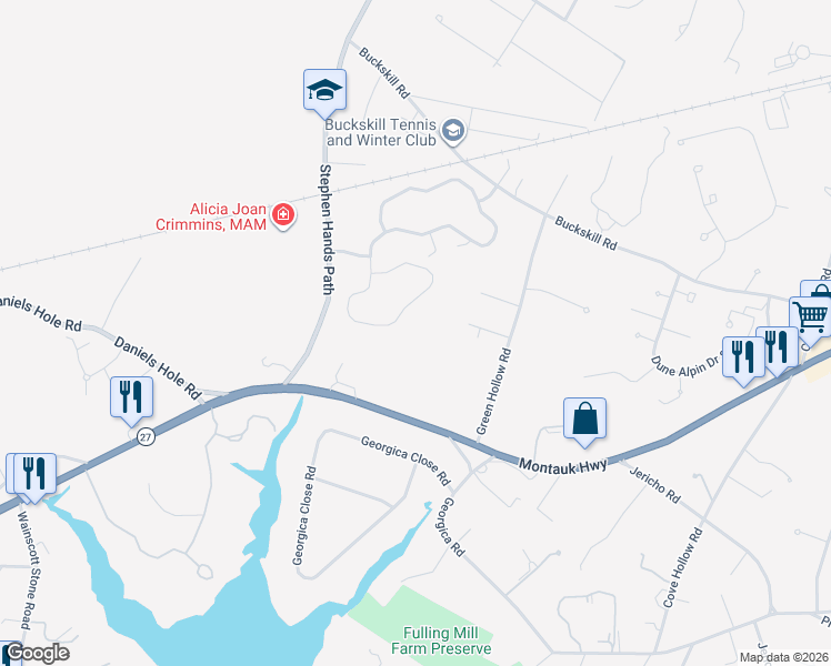 map of restaurants, bars, coffee shops, grocery stores, and more near 58 Huckleberry Lane in East Hampton