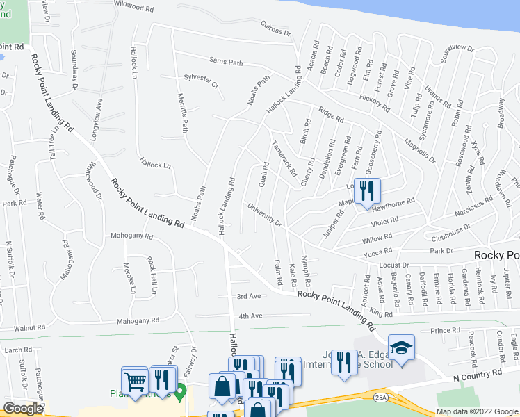 map of restaurants, bars, coffee shops, grocery stores, and more near 55 Quail Road in Rocky Point
