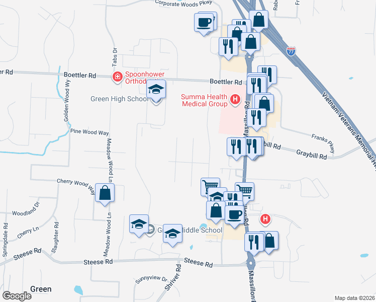 map of restaurants, bars, coffee shops, grocery stores, and more near 4003 Greenridge Drive in Uniontown