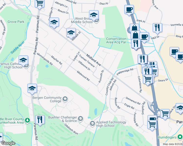 map of restaurants, bars, coffee shops, grocery stores, and more near 146 Villanova Drive in Paramus
