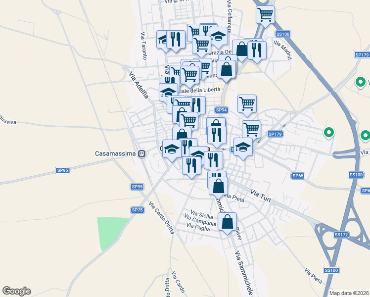 map of restaurants, bars, coffee shops, grocery stores, and more near 38 Piazza Aldo Moro in Casamassima