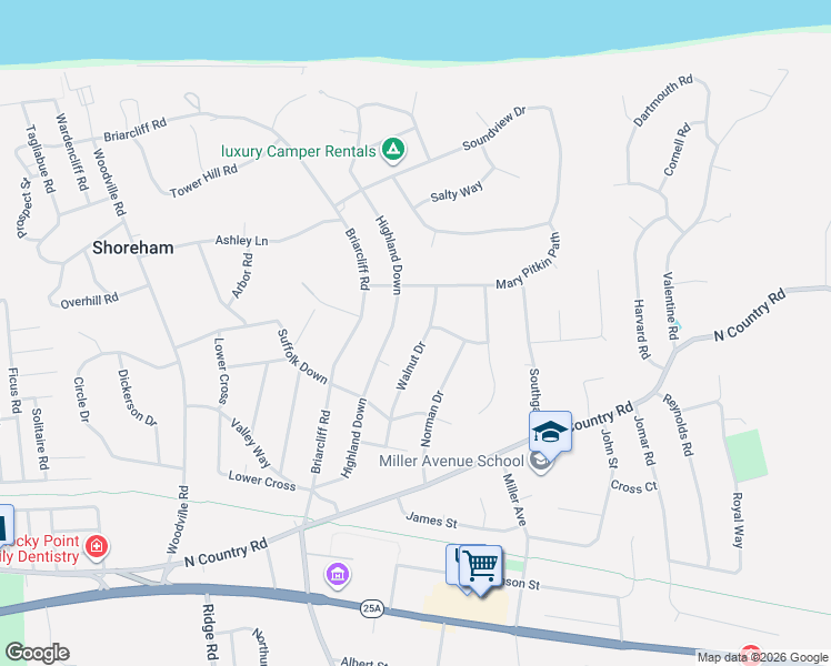 map of restaurants, bars, coffee shops, grocery stores, and more near 20 Walnut Drive in Shoreham