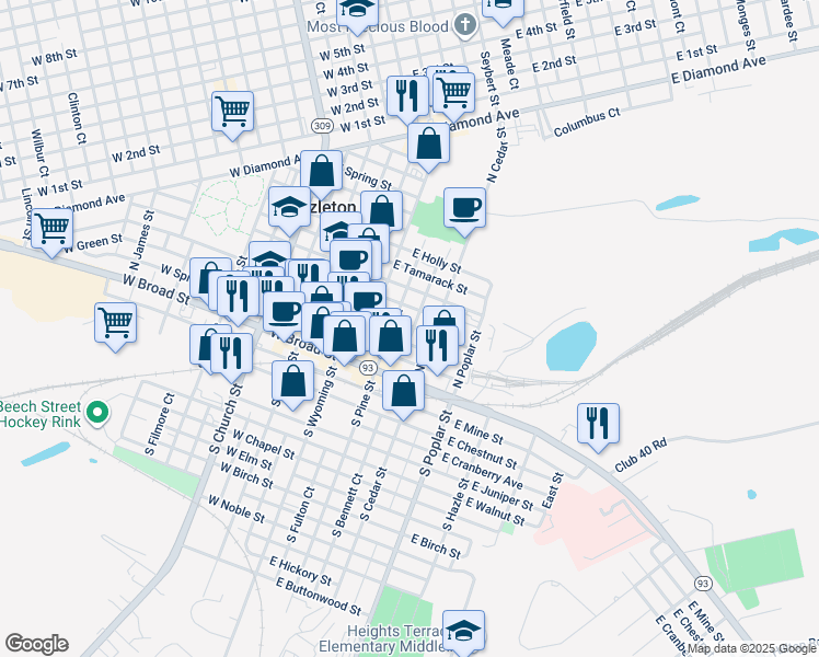 map of restaurants, bars, coffee shops, grocery stores, and more near 122 East Maple Street in Hazleton