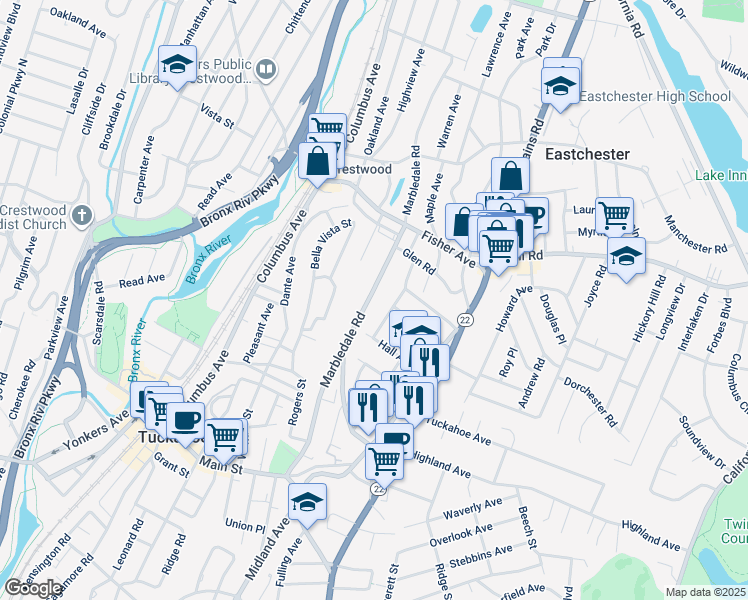map of restaurants, bars, coffee shops, grocery stores, and more near 4 Bellew Avenue in Eastchester