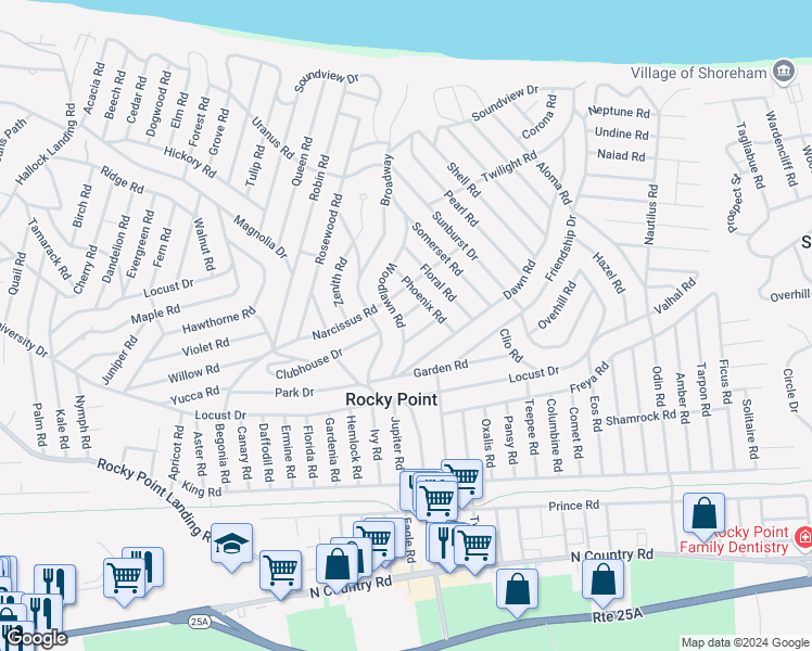 map of restaurants, bars, coffee shops, grocery stores, and more near 27 Woodlawn Road in Rocky Point