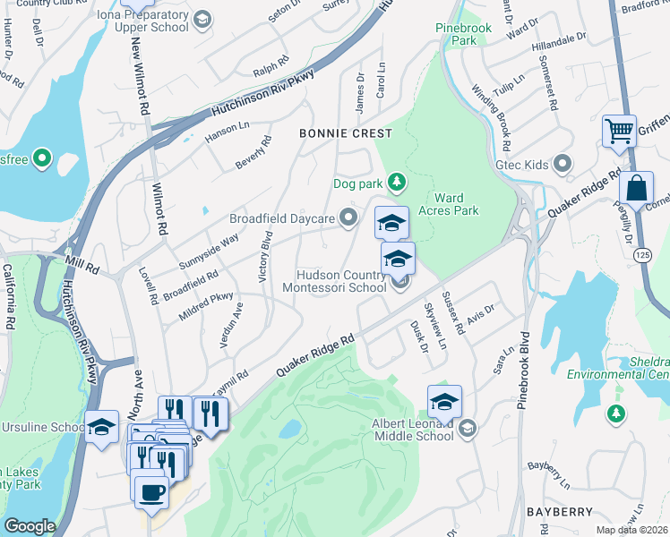 map of restaurants, bars, coffee shops, grocery stores, and more near 56 Rolling Way in New Rochelle