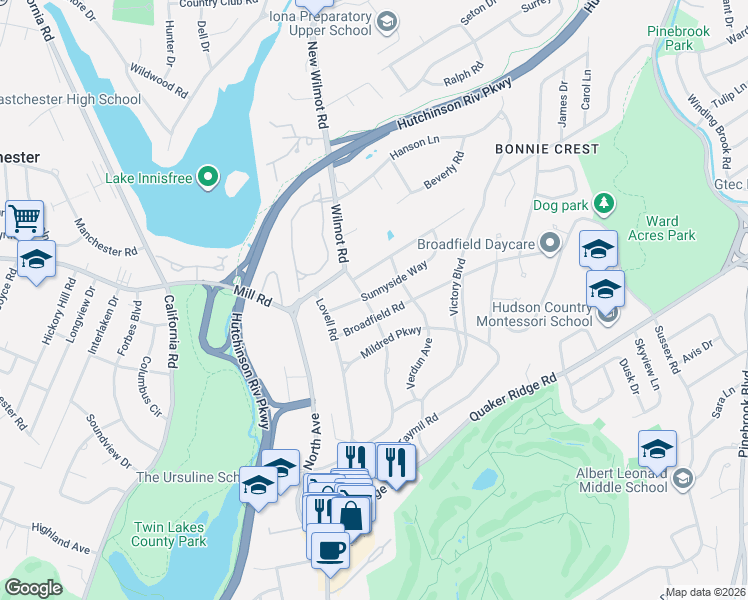 map of restaurants, bars, coffee shops, grocery stores, and more near 34 Broadfield Road in New Rochelle