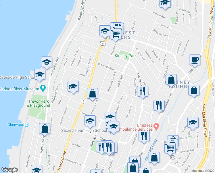 map of restaurants, bars, coffee shops, grocery stores, and more near 1 Northview Terrace in Yonkers