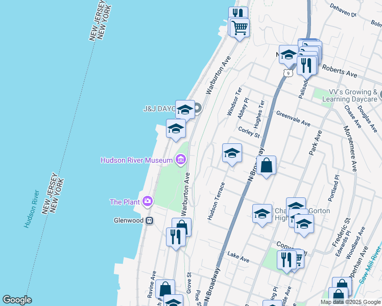 map of restaurants, bars, coffee shops, grocery stores, and more near 511 Warburton Avenue in Yonkers