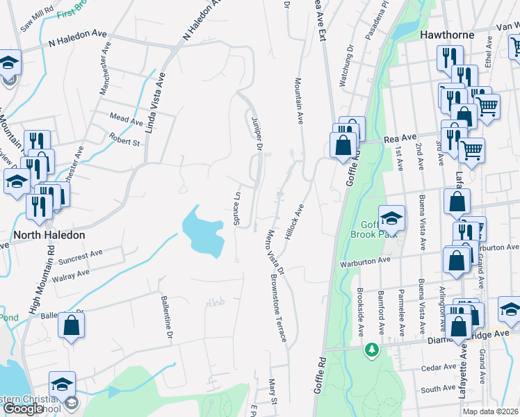 map of restaurants, bars, coffee shops, grocery stores, and more near 2 Alana Drive in Hawthorne