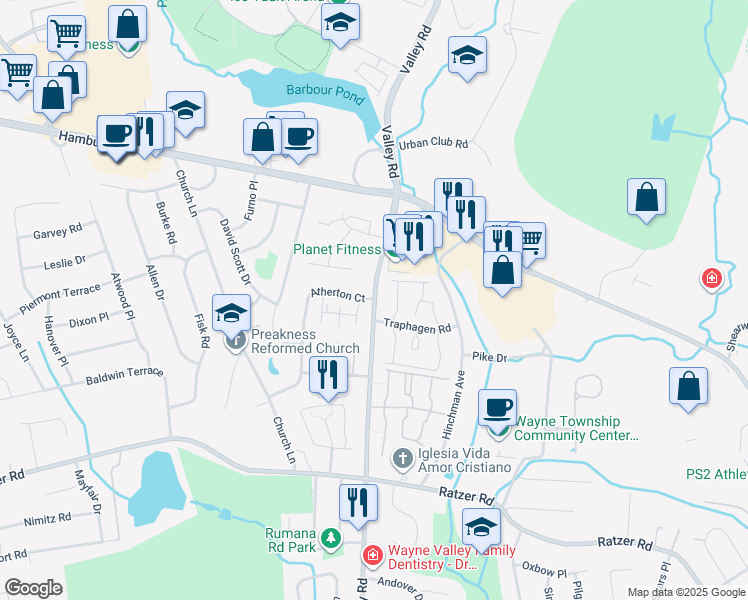 map of restaurants, bars, coffee shops, grocery stores, and more near 1282 Valley Road in Wayne