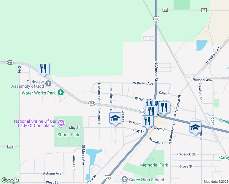 map of restaurants, bars, coffee shops, grocery stores, and more near 329-399 W North St in Carey