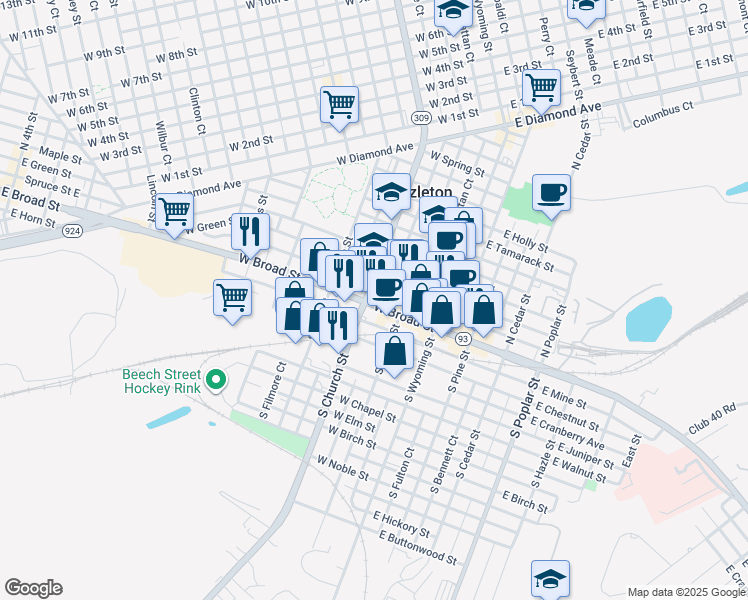 map of restaurants, bars, coffee shops, grocery stores, and more near One South Church Street in Hazleton