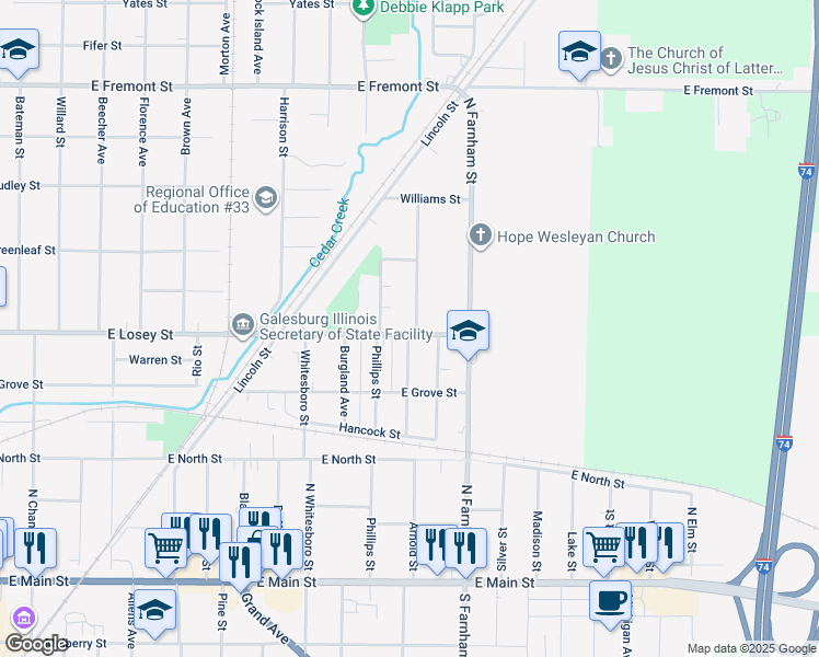 map of restaurants, bars, coffee shops, grocery stores, and more near 1440 East Losey Street in Galesburg