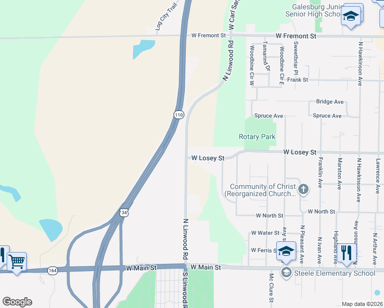 map of restaurants, bars, coffee shops, grocery stores, and more near 2097 West Losey Street in Galesburg
