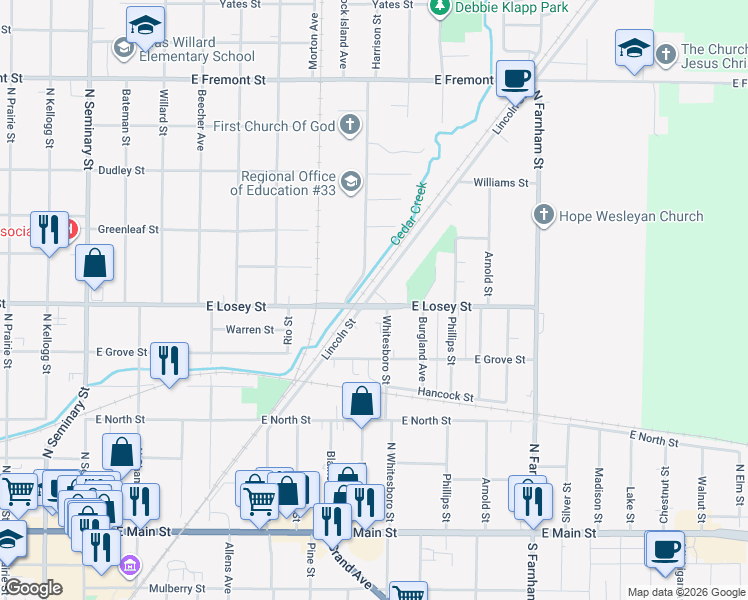 map of restaurants, bars, coffee shops, grocery stores, and more near 623 Lincoln Street in Galesburg