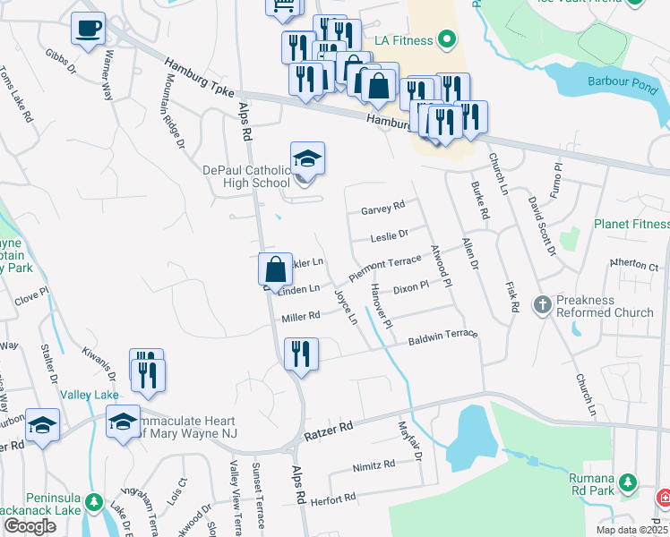 map of restaurants, bars, coffee shops, grocery stores, and more near 40 Joyce Lane in Wayne