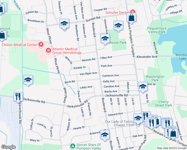 map of restaurants, bars, coffee shops, grocery stores, and more near 5 Van Riper Avenue in Pequannock Township