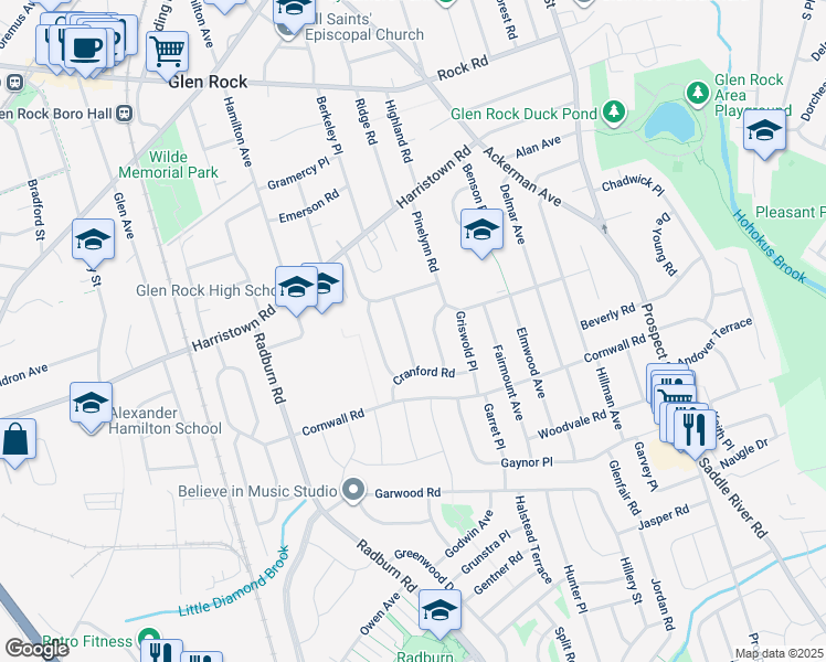 map of restaurants, bars, coffee shops, grocery stores, and more near 33 Chestnut Drive in Glen Rock