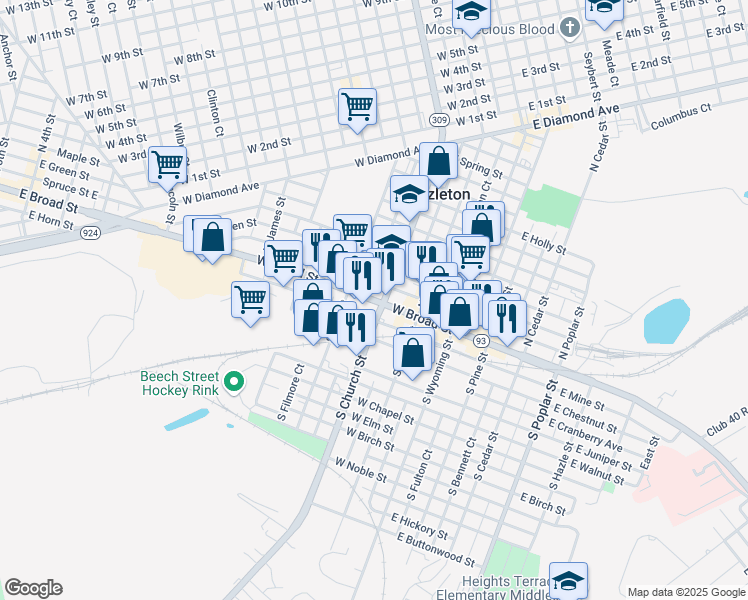 map of restaurants, bars, coffee shops, grocery stores, and more near 217 West Broad Street in Hazleton