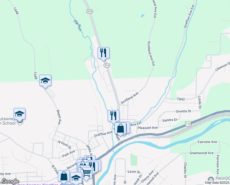 map of restaurants, bars, coffee shops, grocery stores, and more near 310 Elk Run Avenue in Punxsutawney