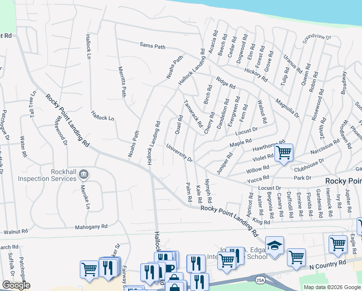map of restaurants, bars, coffee shops, grocery stores, and more near 55 Quail Road in Rocky Point