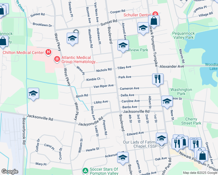 map of restaurants, bars, coffee shops, grocery stores, and more near 5 Van Riper Avenue in Pequannock Township