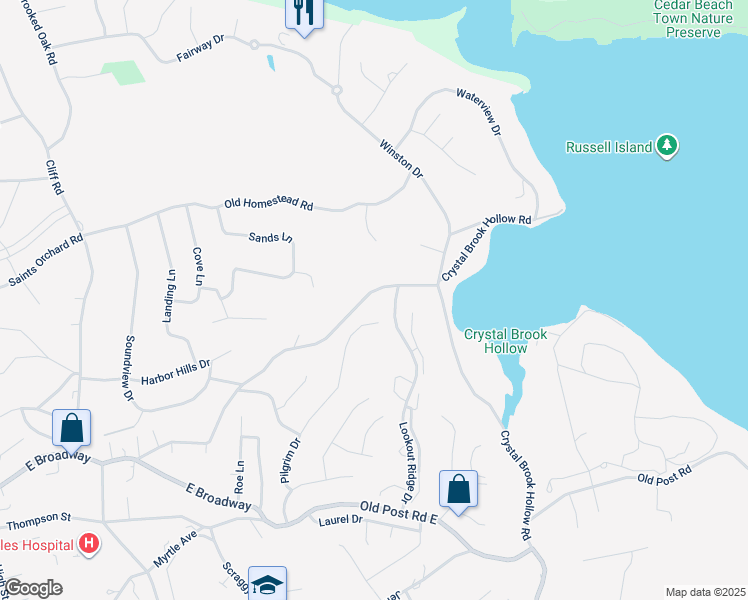 map of restaurants, bars, coffee shops, grocery stores, and more near 120 Alden Drive in Port Jefferson