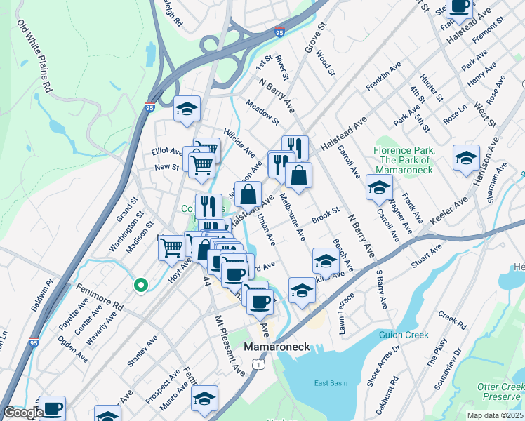 map of restaurants, bars, coffee shops, grocery stores, and more near 418 Union Avenue in Mamaroneck