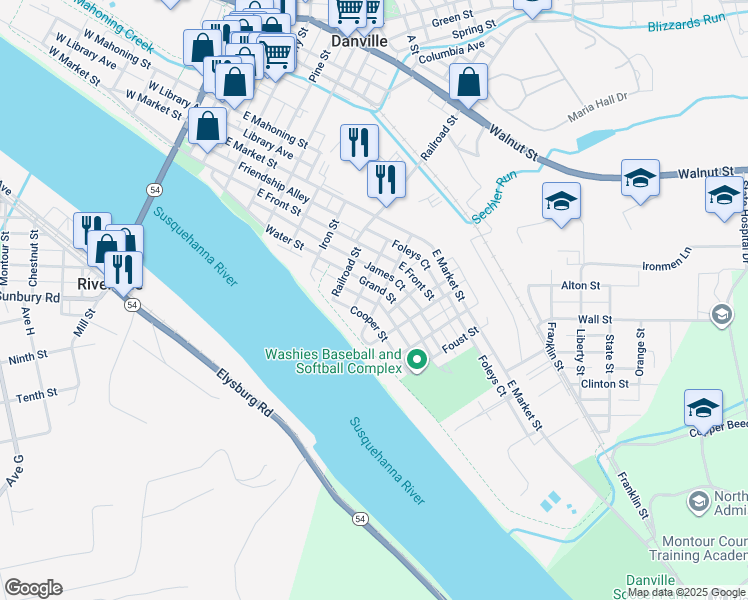 map of restaurants, bars, coffee shops, grocery stores, and more near 39 Nassau Street in Danville