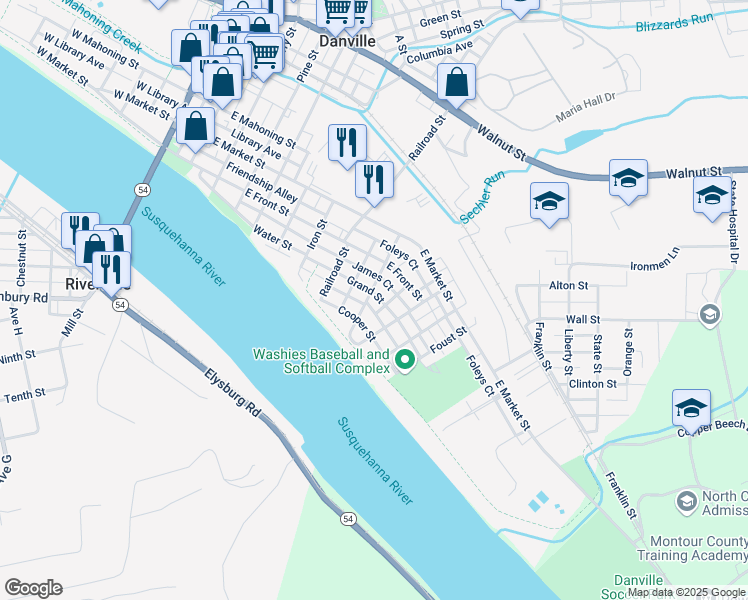 map of restaurants, bars, coffee shops, grocery stores, and more near 720 Grand Street in Danville