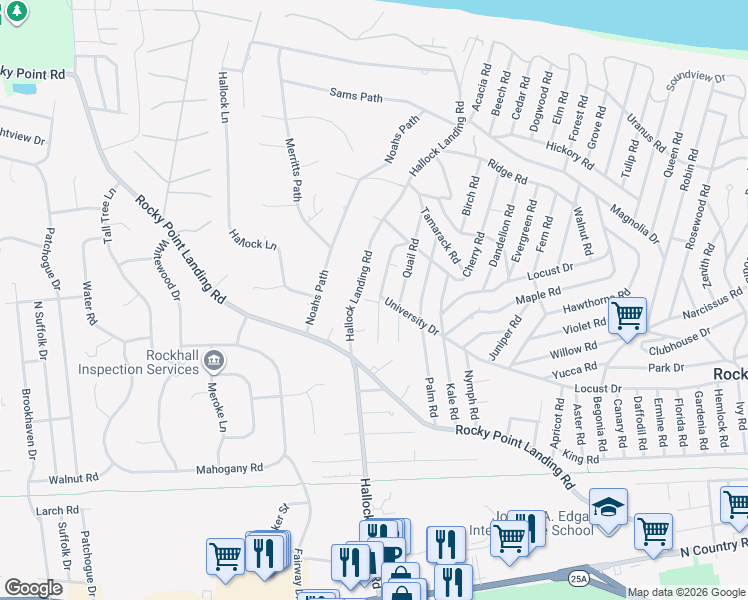 map of restaurants, bars, coffee shops, grocery stores, and more near 44 Satinwood Road in Rocky Point