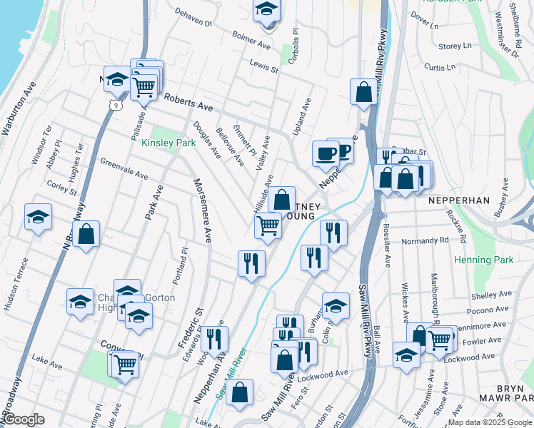 map of restaurants, bars, coffee shops, grocery stores, and more near 227 Mary Lou Avenue in Yonkers