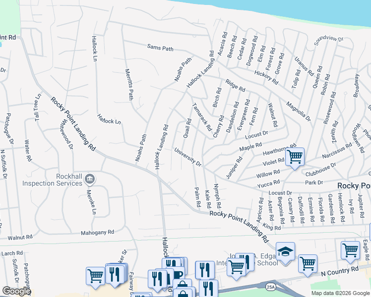 map of restaurants, bars, coffee shops, grocery stores, and more near 55 Quail Road in Rocky Point