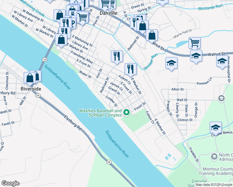 map of restaurants, bars, coffee shops, grocery stores, and more near 720 Grand Street in Danville
