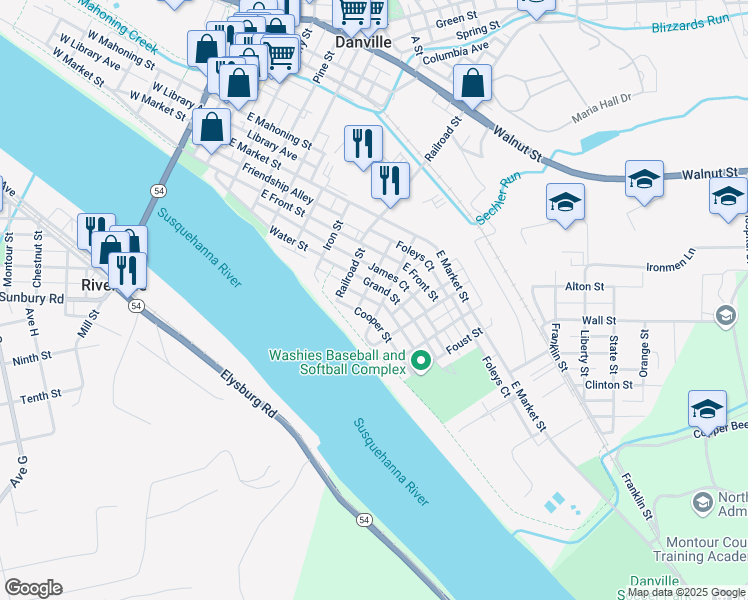 map of restaurants, bars, coffee shops, grocery stores, and more near 39 Nassau Street in Danville
