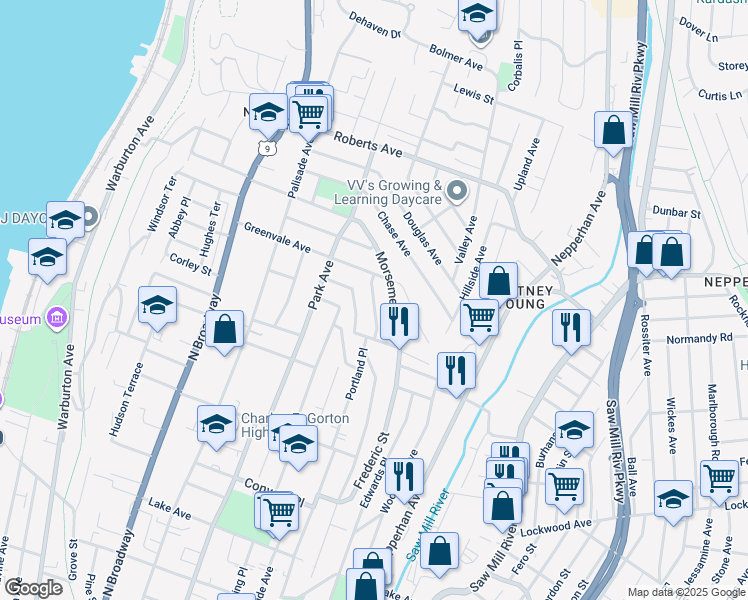 map of restaurants, bars, coffee shops, grocery stores, and more near 38 Sunrise Terrace in Yonkers