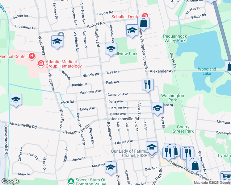 map of restaurants, bars, coffee shops, grocery stores, and more near 34 Cameron Avenue in Pequannock Township