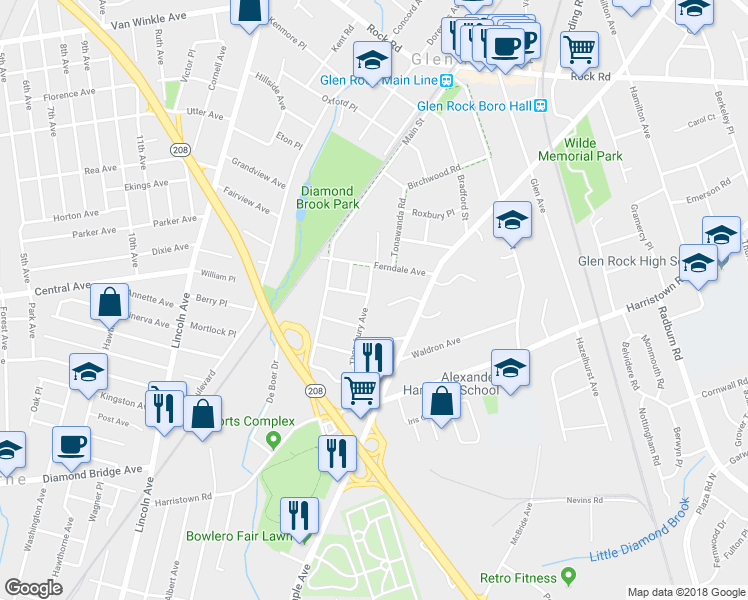 map of restaurants, bars, coffee shops, grocery stores, and more near 29 Thornbury Avenue in Glen Rock