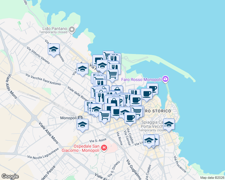 map of restaurants, bars, coffee shops, grocery stores, and more near 1 Via Cesare Battisti in Monopoli